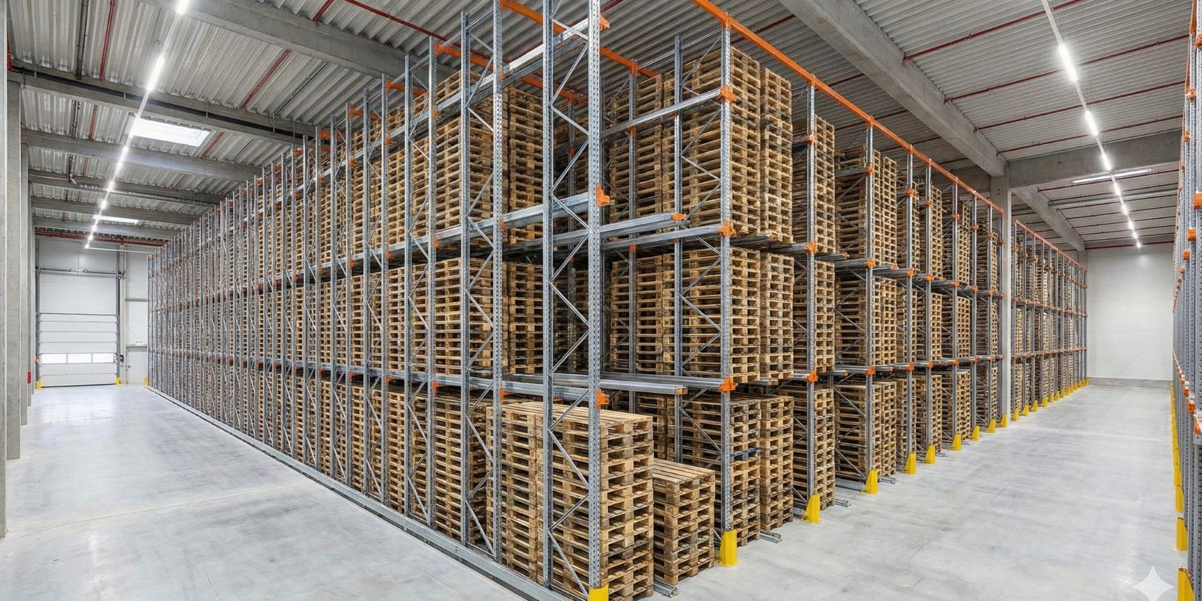 Weitwinkelaufnahme eines großen Einfahrregalsystems (Drive-in Racking) in einer Logistikhalle, gefüllt mit Paletten auf durchgehenden Auflageschienen, was die hohe Lagerverdichtung demonstriert